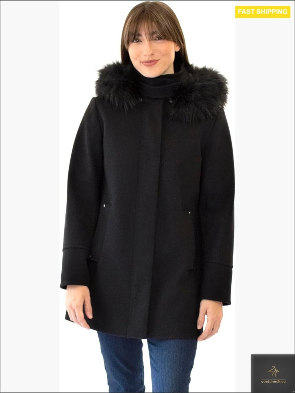 Faux Wool Coat with Detachable Faux Fur Hood Mid-Length Zip Front Chic